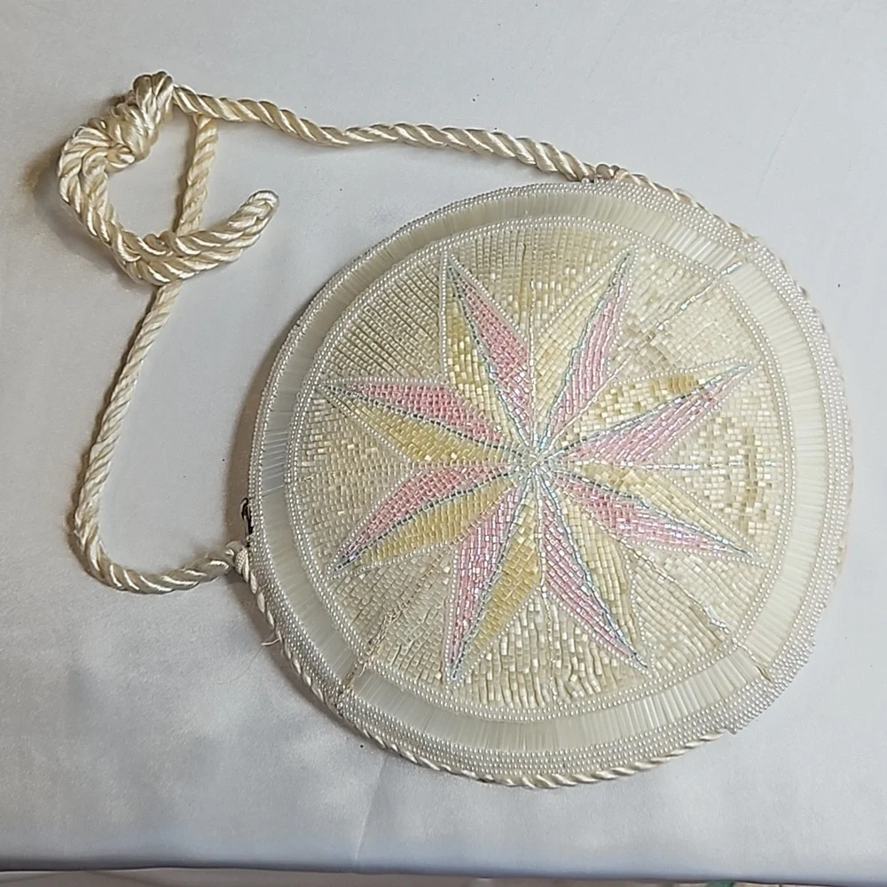 La Regale Vintage Beaded Handbag Round Pink Blue White - Picture 1 of 6